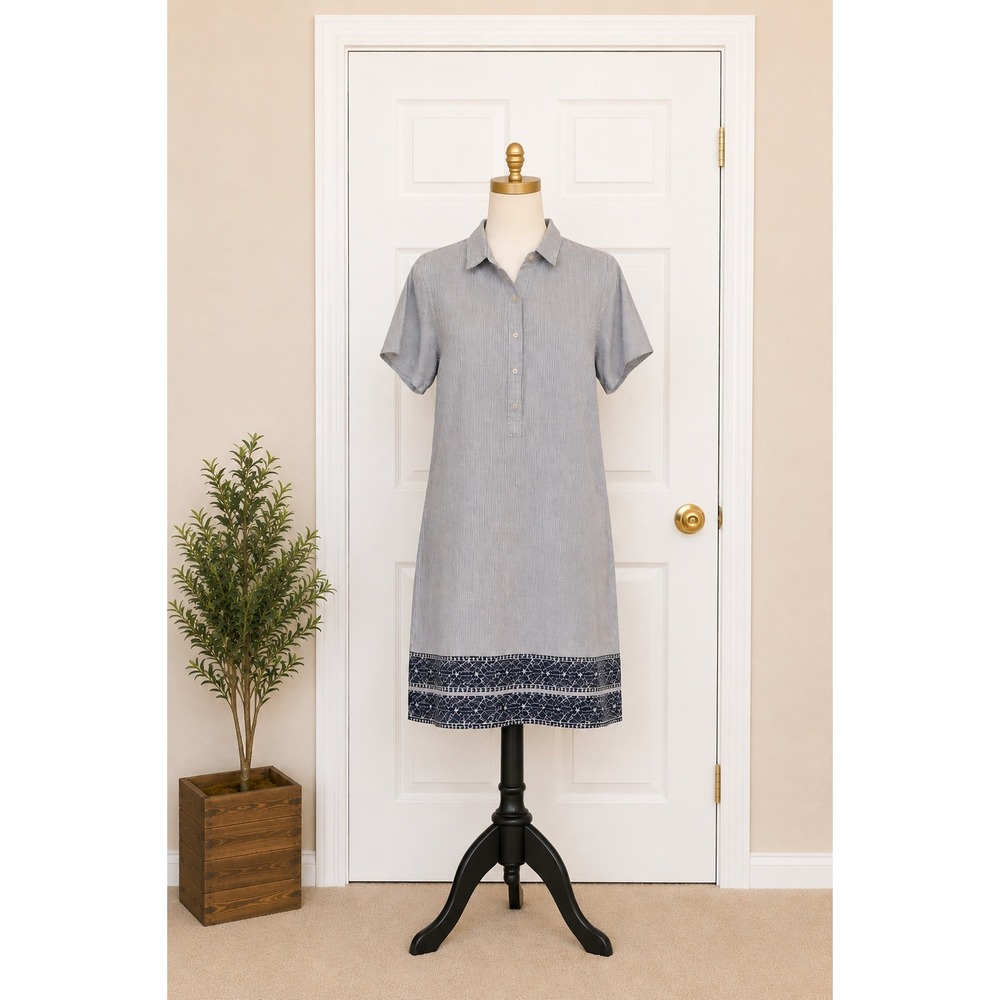 Womens Popover Linen Dress Blue Short Sleeve Button Up Striped‎ Sz S Midi